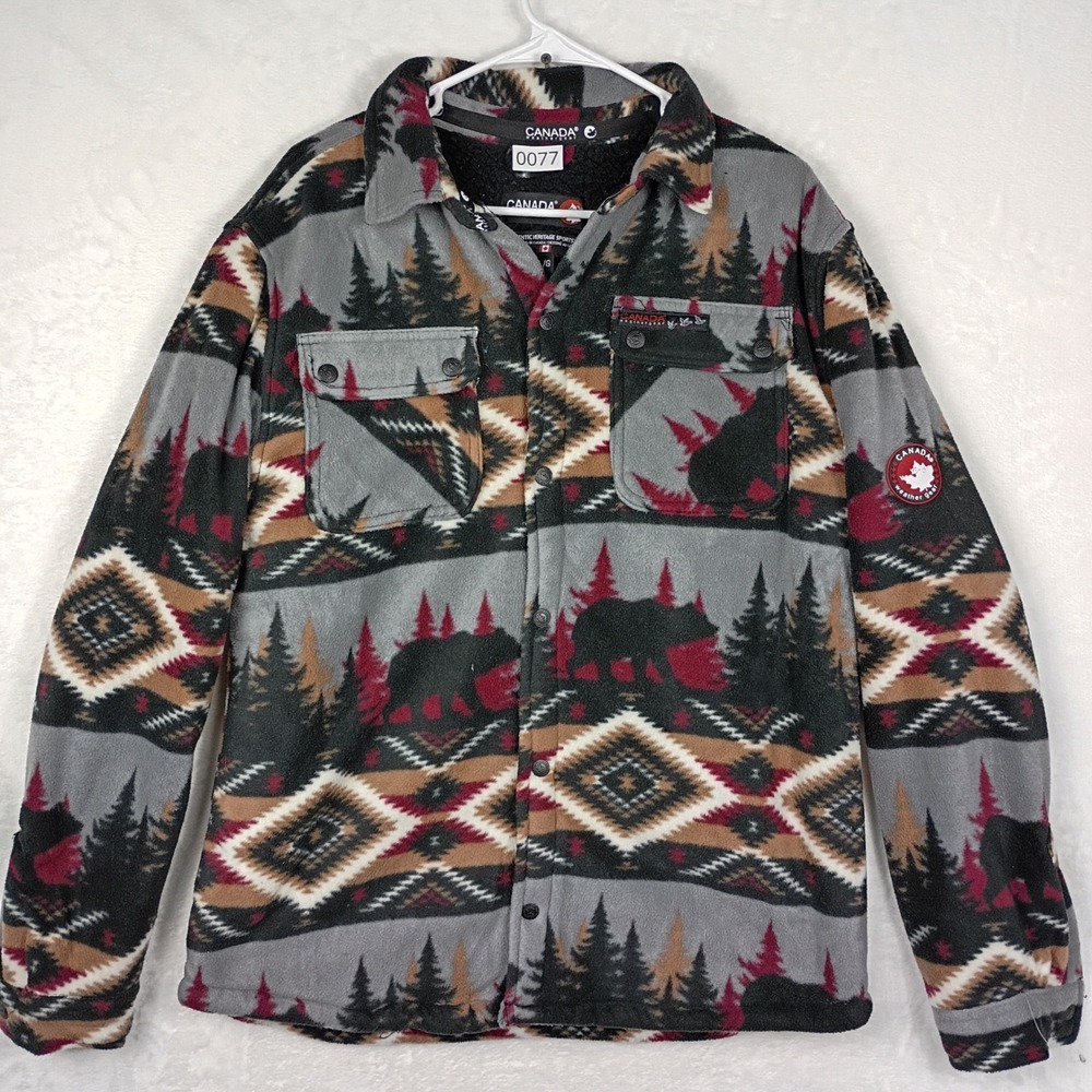 Canada Weather Gear Mens Fleece Sherpa Lined Shirt Jacket Bear Forest Print L